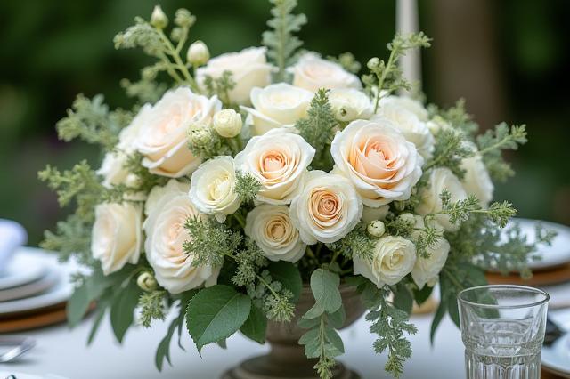 Arreglos florales elegantes para una boda al aire libre.