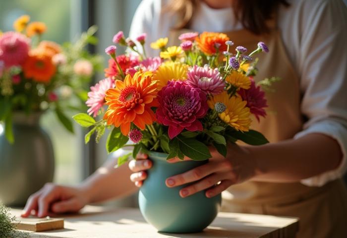 Un florista organizando un hermoso arreglo floral con flores frescas de colores vivos, en un taller iluminado